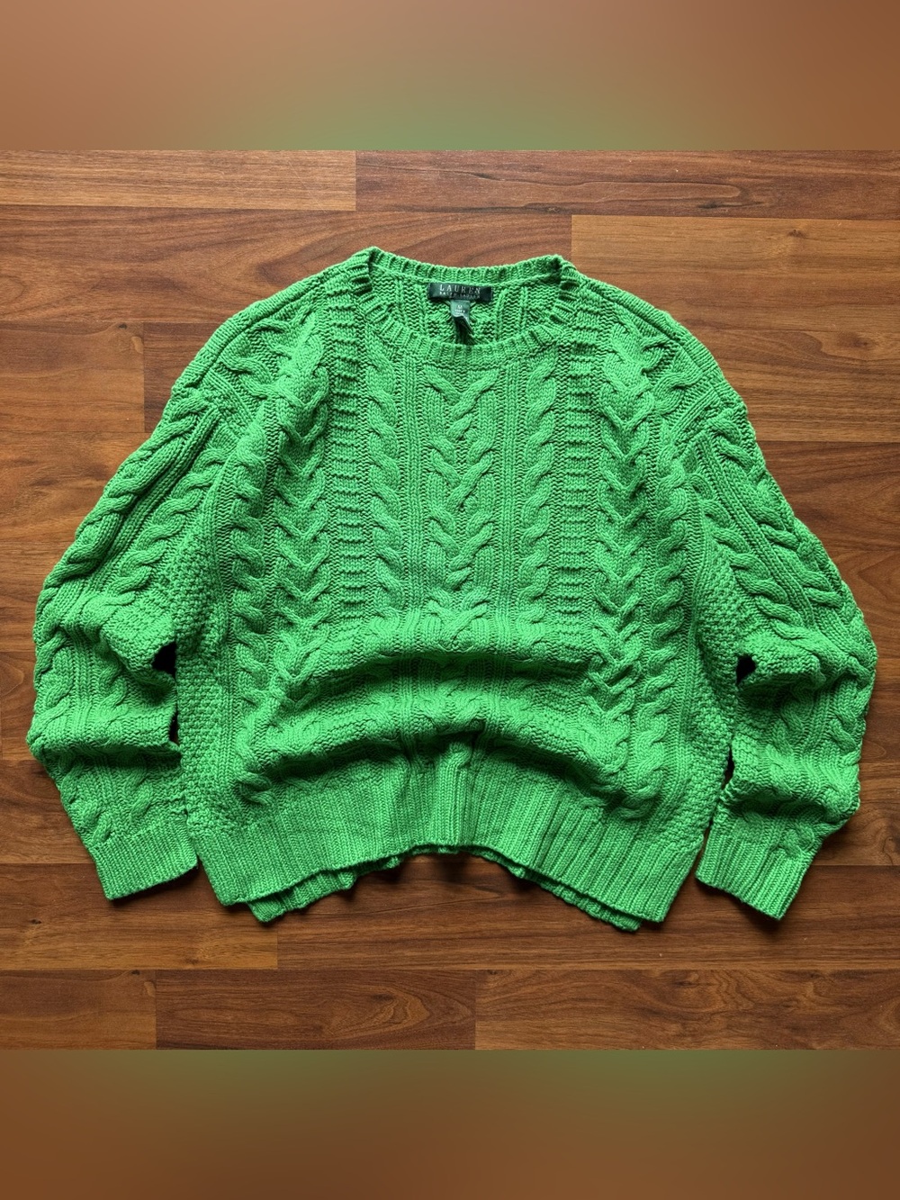 Lauren Ralph Lauren green cable knit sweater Medium pullover crewneck